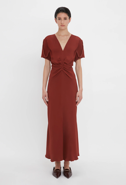 Gathered V-Neck Midi Dress