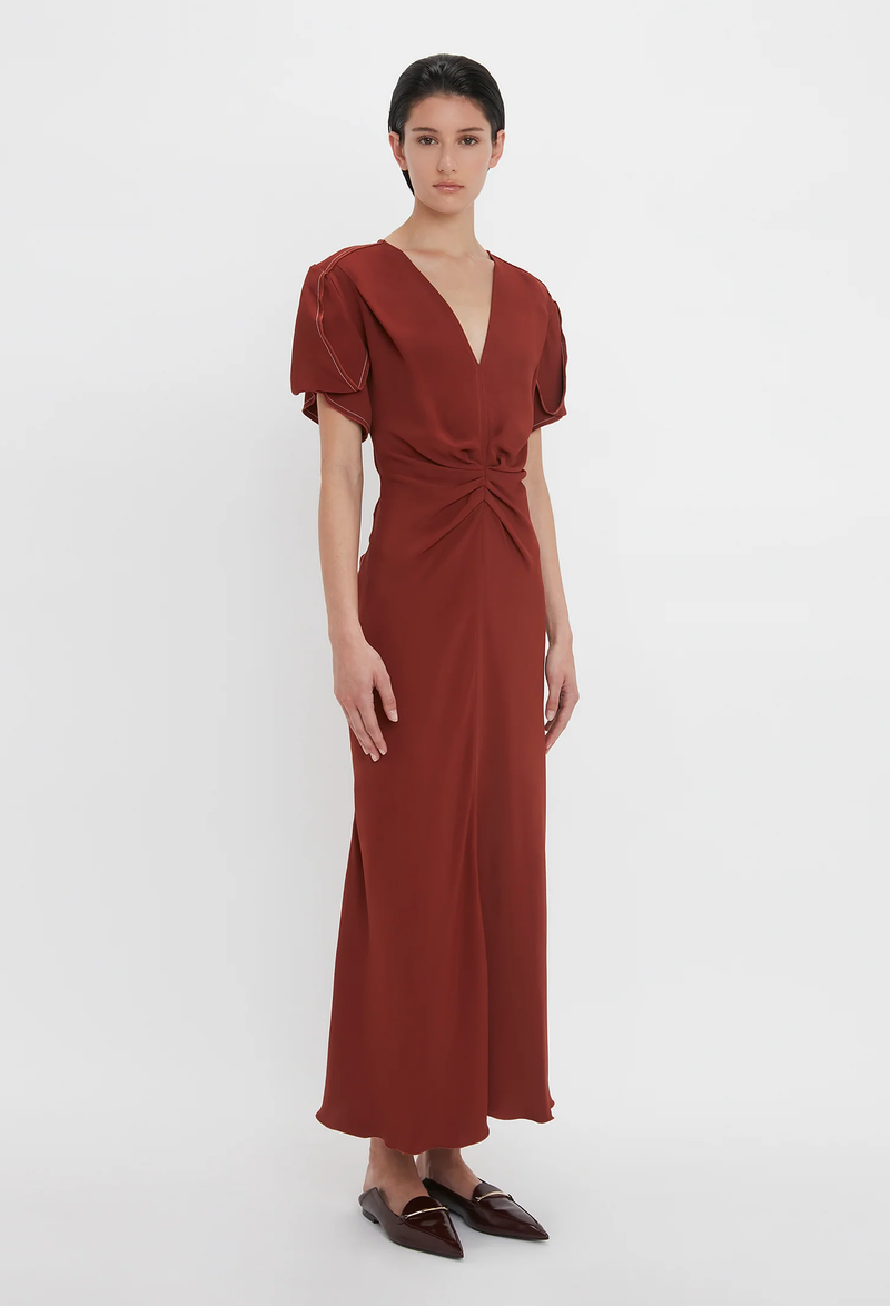 Gathered V-Neck Midi Dress