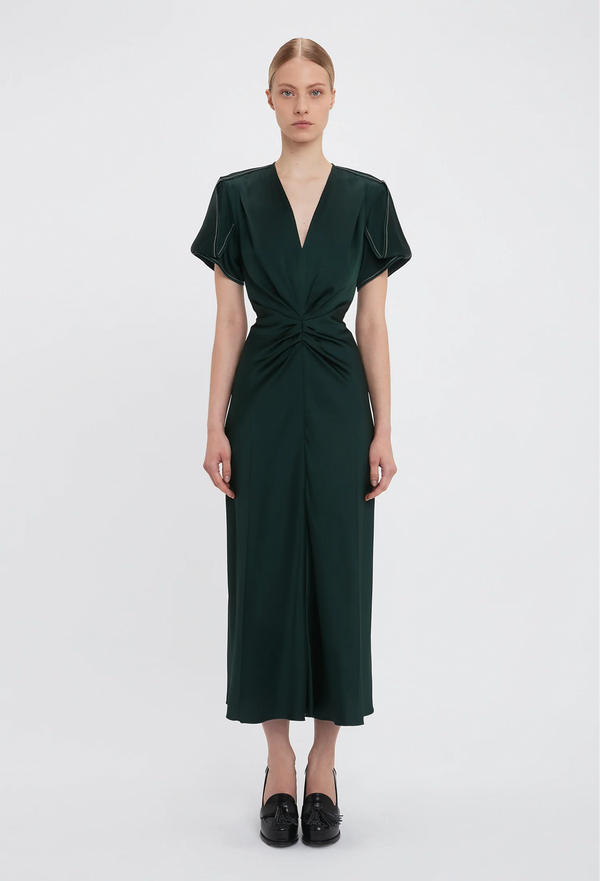 Gathered V-Neck Midi Dress